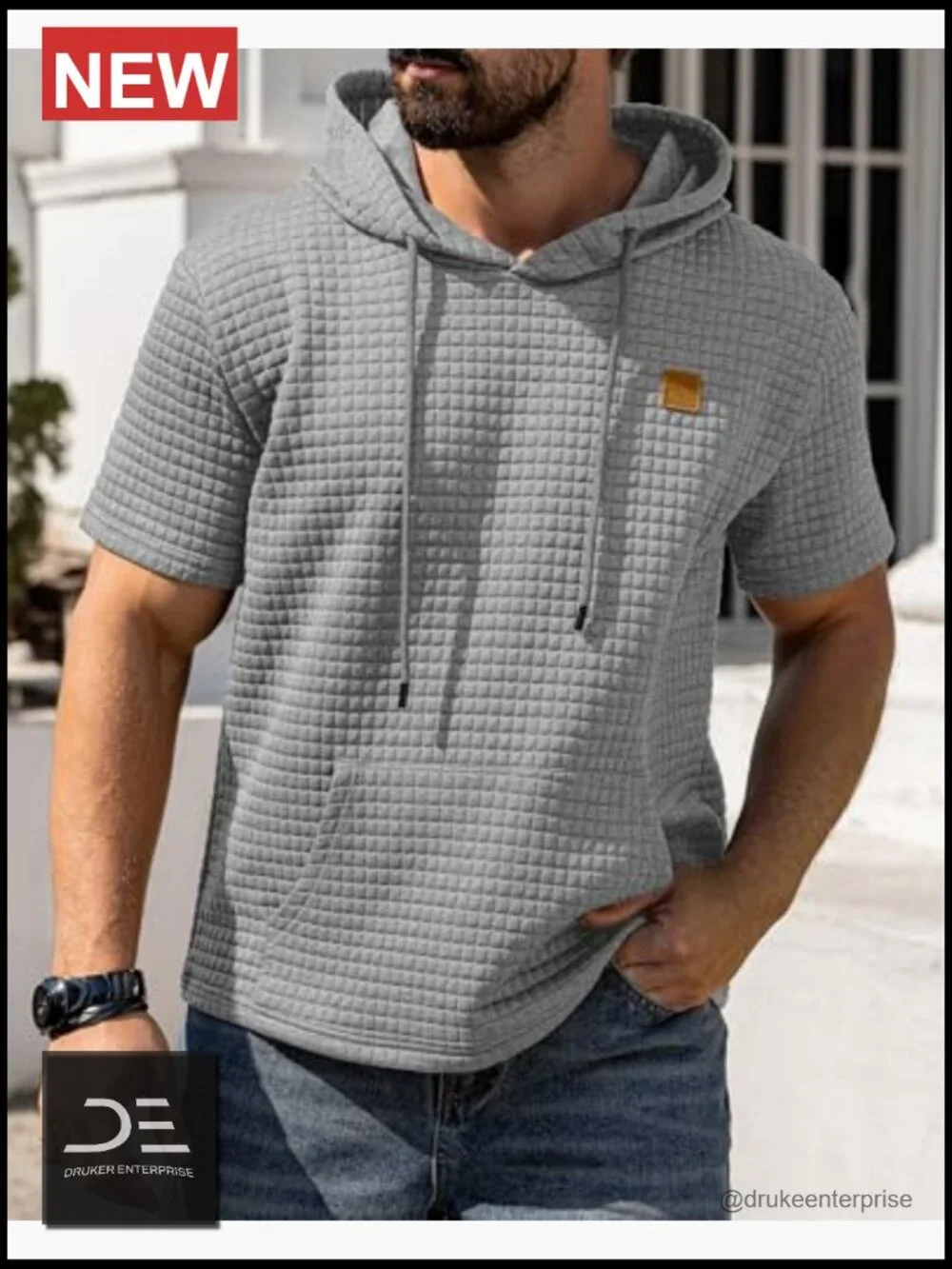 Short Sleeve Hoodie with Kanga Pocket Waffle Knit Pullover - Picture 3 of 6